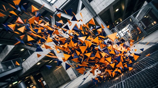Vibrant orange and blue triangular shapes installation in modern interior