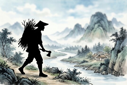 Generated ai set photos Silhouette woodcutter with axe and twigs walking in traditional Chinese ink mountain landscape