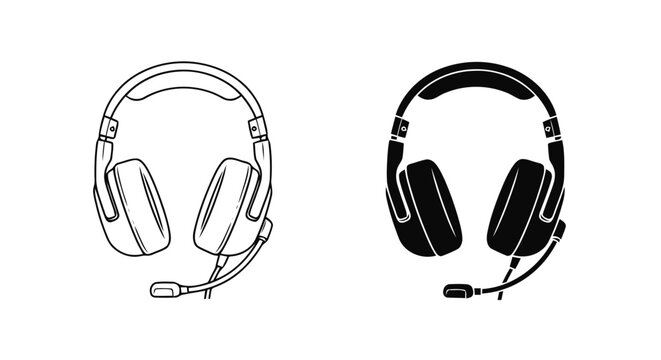 Vector illustration of set of gaming headphones with microphone, line art and silhouette icons on a transparent background