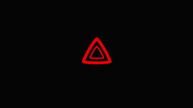 Pulsating red triangle hazard warning symbol animation on black background, danger alert attention