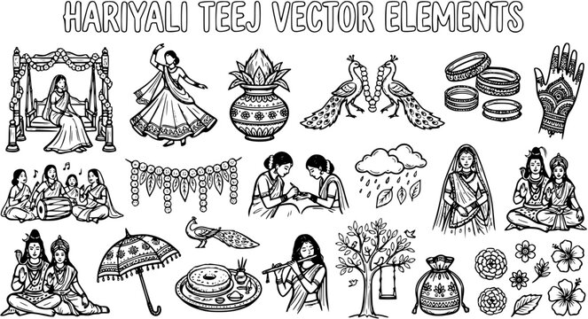 Hariyali Teej Festival Vector Elements - Indian Culture, Traditional Women, Peacock, Henna Art, Line Drawing
