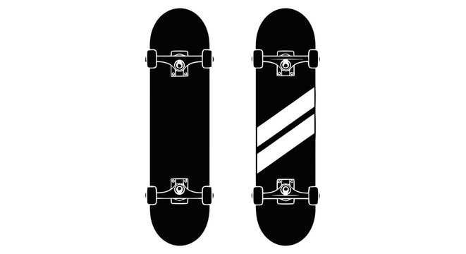 Vector illustration of two skateboards, one plain black and one with white stripes on a transparent background