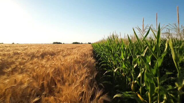Comparison of golden wheat and green corn field crops.