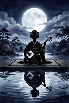 Generated ai set photos Japanese geisha silhouette playing shamisen under full moon
