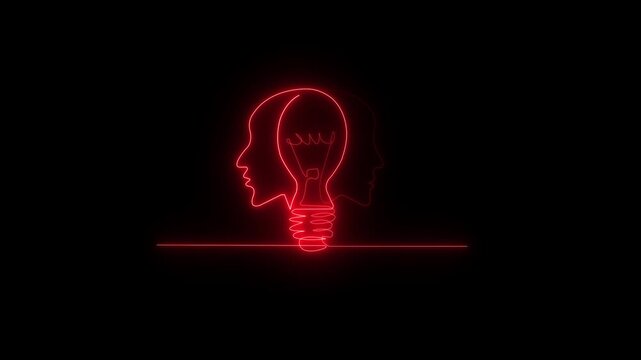 Red neon idea bulb with two heads innovation, creativity, brainstorming concept
