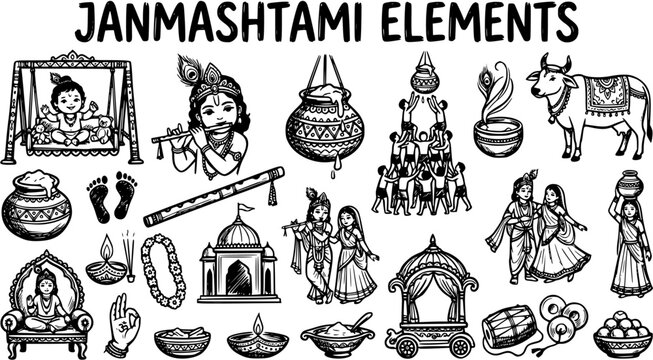 Janmashtami Elements Black and White Line Art Set. Hand-Drawn Hindu Festival Symbols: Lord Krishna, Dahi Handi, Temple, and Indian Cultural Celebration