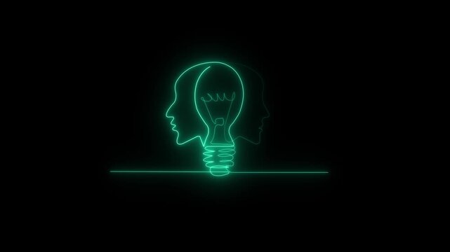 Neon idea bulb with two heads: innovation, creativity, and brainstorming concept