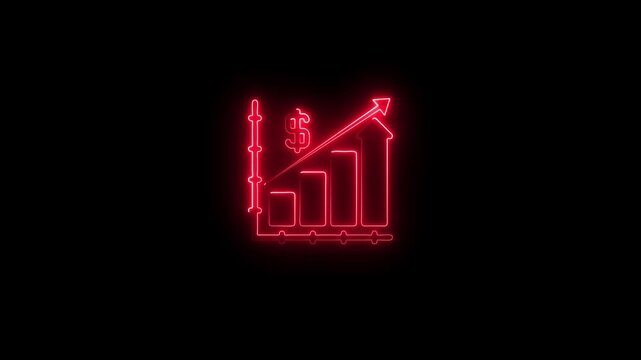 Neon red bar graph with upward arrow and dollar sign business growth financial success animation stock market
