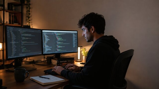 Developer working on computer code late at night with dual monitors
