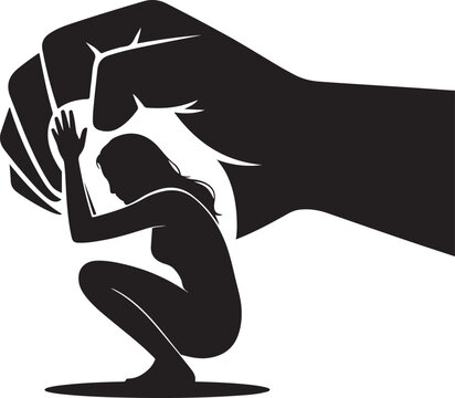 Silhouette of a woman cowering under a large, oppressive fist, symbolizing domestic violence and the need to stop it. Black icon silhouette vector