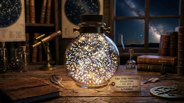 Vintage astronomy lantern, glowing glass jar, starry night, antique desk lamp, celestial map background