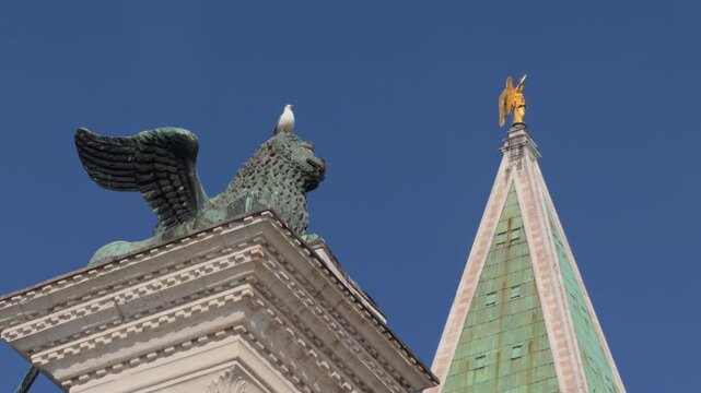 White Seagull Resting on Winged Lion in Saint Marks Square