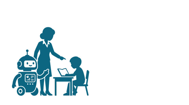 A teacher and a robot guiding a student studying at a desk.
