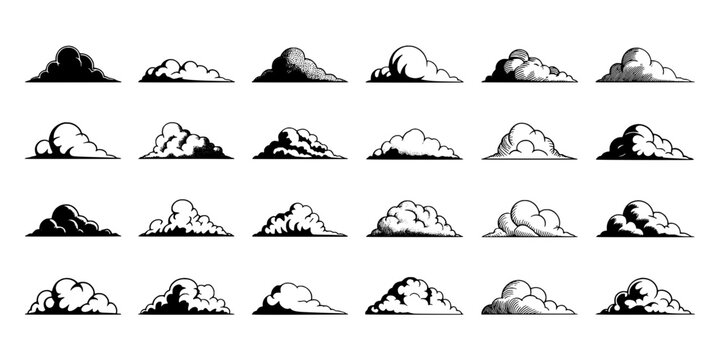 Clouds hand drawn set with various shapes and styles featuring weather, sky, nature with illustration and artistic elements for sketch, drawing