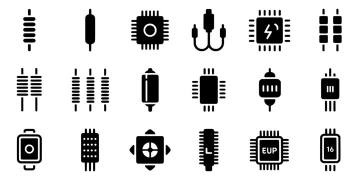 Electronic components set with black icons on white background featuring circuit, board, resistor with capacitor and diode elements for transistor,