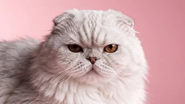 A close-up portrait of a fluffy, grumpy cat with a cat reaction, displaying a displeased expression against a pink