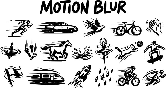 Motion Blur Icons Set Vector Art. Black and White Hand-Drawn Symbols for Speed, Movement, and Dynamic Concepts.