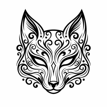 A mystical kitsune face with swirling patterns stares forward intricately
