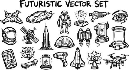 Obraz premium Futuristic Technology and Science Vector Set: Line Art Icons for AI, Space, and Innovation