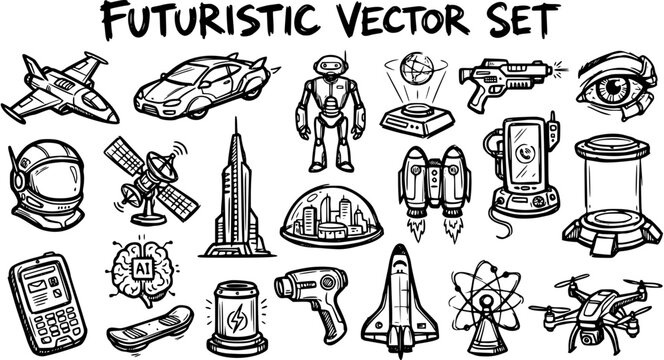 Futuristic Technology and Science Vector Set: Line Art Icons for AI, Space, and Innovation
