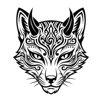 Black ink kitsune head illustration with tribal patterns and horns on white background
