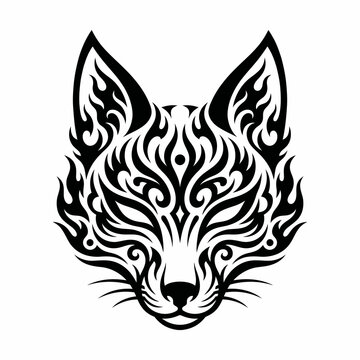 Illustration of a Kitsune mask with flame design on face