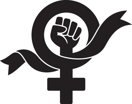 Symbol of female empowerment and resistance against violence, featuring the Venus symbol with a raised hand and a white ribbon. Black icon silhouette vector