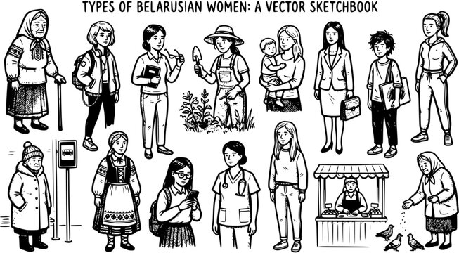 Black and White Line Art Vector Sketchbook of Diverse Belarusian Women Types