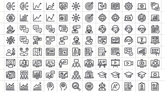 Smart Education AI Black Outline Icons &ndash; Learning Platform Vector System