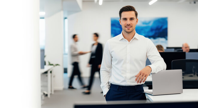 IT recruitment agency representative standing at open space office desk to explain digital software development outsourcing workflow and corporate workforce onboarding optimization process