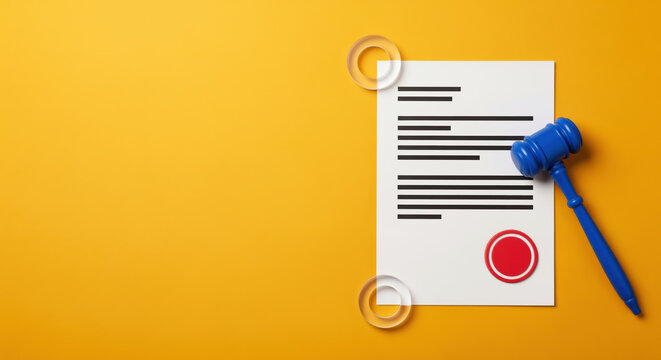 Legal document approval for contract signing and notarized agreement review, with gavel and approval stamp for court filing, licensing decision support record submission and regulatory paperwork