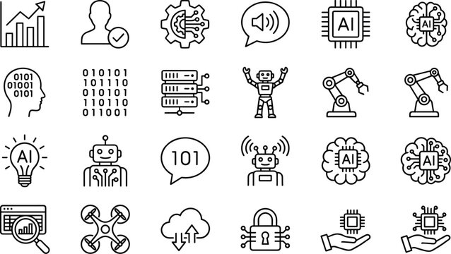 Artificial intelligence machine learning and robotics thin line icons set featuring AI brain microchip data server automated robotic arm and drone technology elements.