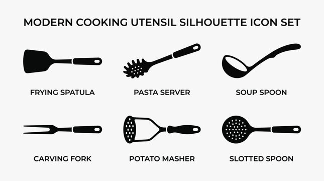 A set of modern kitchen utensil silhouettes including spatula, server, spoon, fork, masher, and slotted spoon