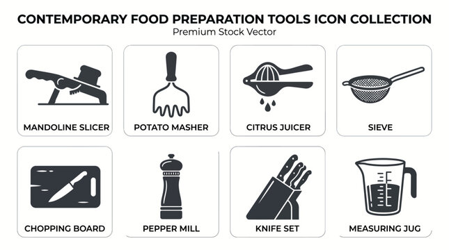 Modern kitchen tools icons including mandoline slicer and utensils on DAPUR