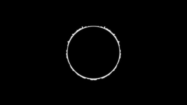 Circular audio equalizer on black background, seamless looping sound reactive waveform spectrum, clean minimalist motion element for modern music video production.
