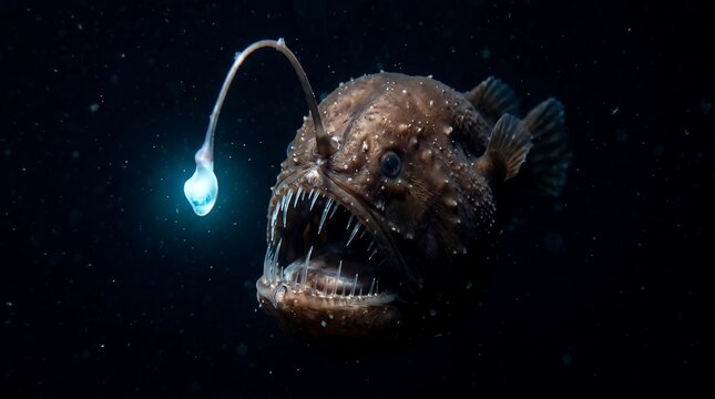 Bioluminescent deep-sea anglerfish with glowing lure in darkness.