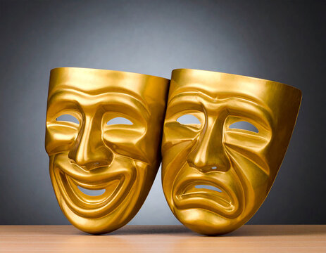 Eine fröhliche und eine traurige goldene Maske