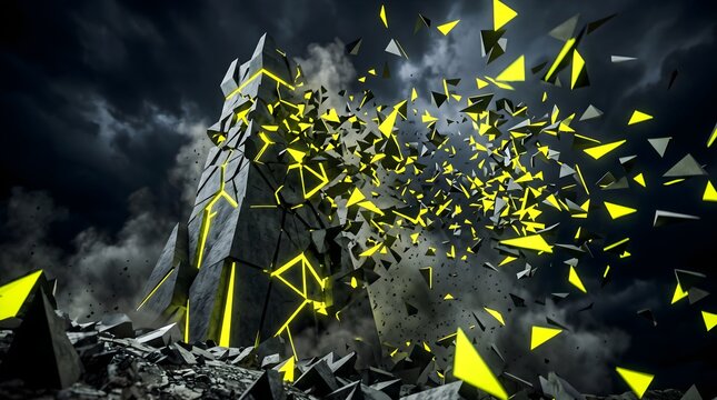 Grey and yellow shattered explosion background with dark stormy clouds