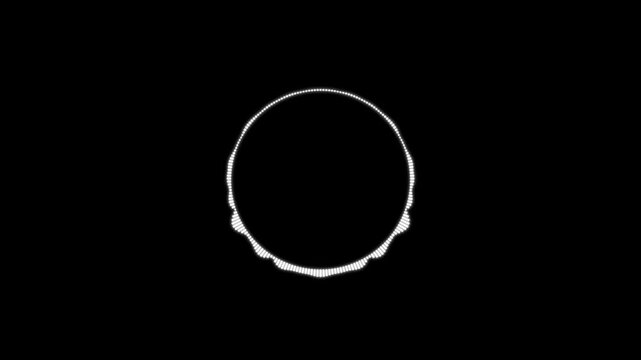 Circular music pulse visualizer on black background, rhythmic sound waveform animation, essential graphic element for audio podcast and digital music production.