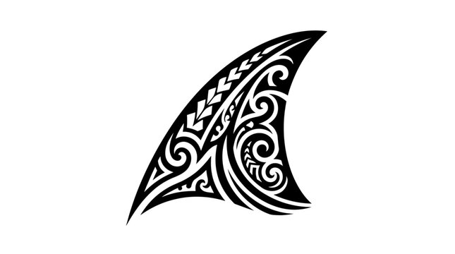 Shark fin silhouette incorporates detailed Polynesian tribal patterns for a bold aquatic design.