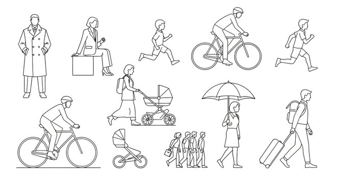 diverse people in various daily activities cycling walking and pushing strollers