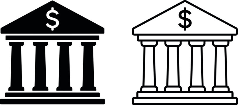 Bank building vector icons set featuring solid glyph and thin line outline styles with dollar sign symbol for financial banking and investment graphic design.