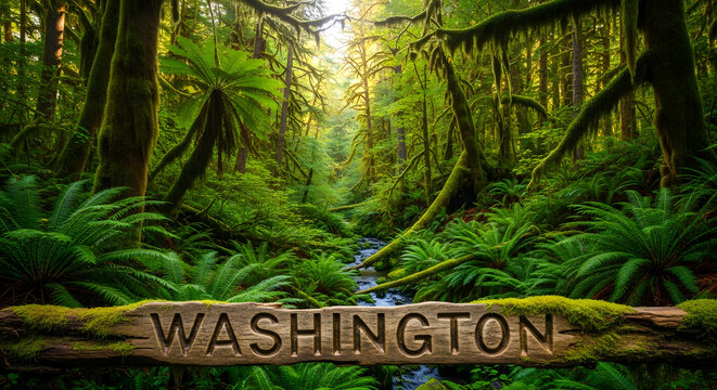 Enchanting Lush Green Temperate Rainforest Landscape Featuring A Small Rushing Creek Under Soft Sunlight With A Natural Wooden Plaque