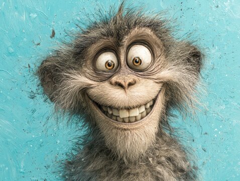 Expressive monkey smiling, wide eyes showing teeth, blue painted background, quirky character