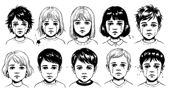 crying childrens faces depicting emotional distress a raw illustration of sad faces and childhood pain conveying vulnerability.