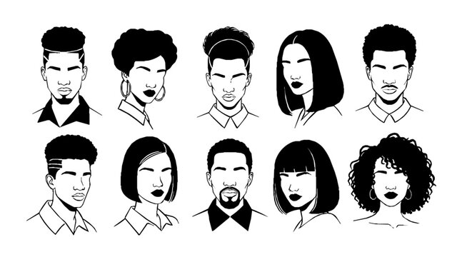 diverse multicultural men and women vector portraits minimalist illustrations representing community and inclusion on a white background.