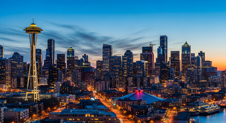 Obraz premium Cityscape of Seattle at sunset with Space Needle and waterfront