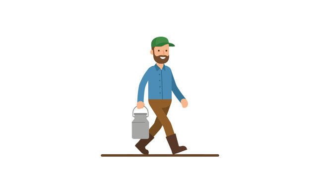 A cartoon illustration of a bearded farmer walking while carrying a metal milk can.