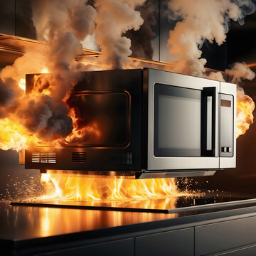 Kitchen explosion with fire and smoke in modern microwave