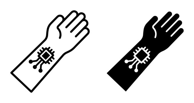 Futuristic Cybernetic Arm Chip Icon Set, Human Technology Integration, Digital Health Monitoring, Future Science Vector Art